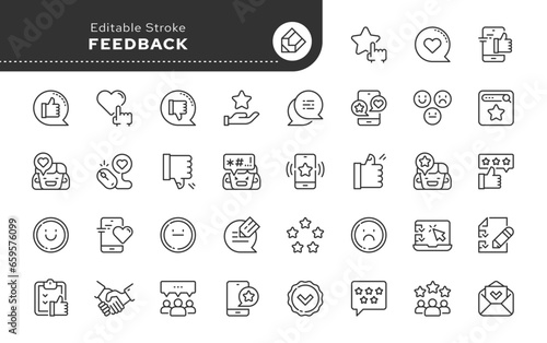 Feedback. Like, review and comment on Internet content. User opinion and survey. Line icon set. Web icons in linear style. Vector icon pack. 
