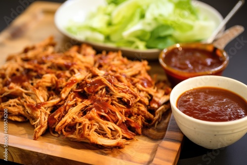 top-angle shot: pulled chicken with fresh lettuce and bourbon bbq sauce