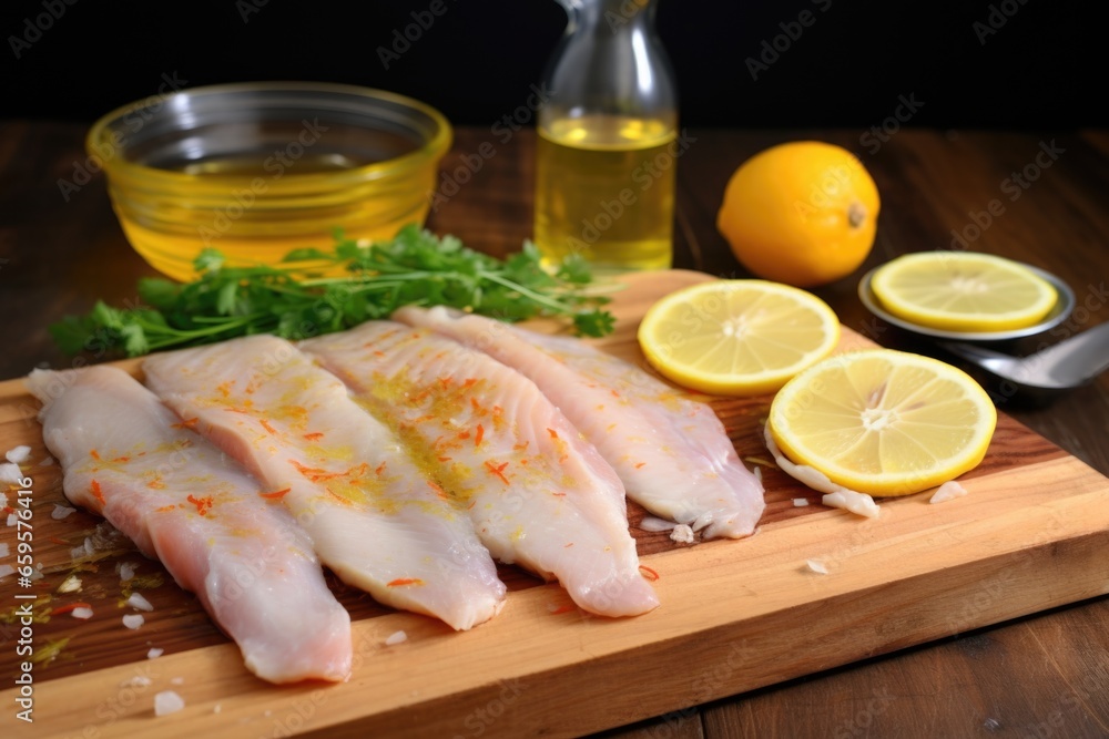 fish fillets laid on a chopping board, citrus marinade poured on top