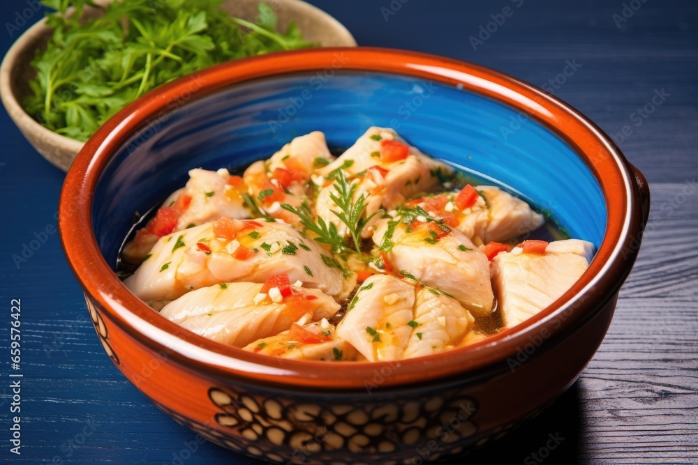 marinated fish fillets in a blue ceramic bowl marinated fish fillets in a blue ceramic bowl