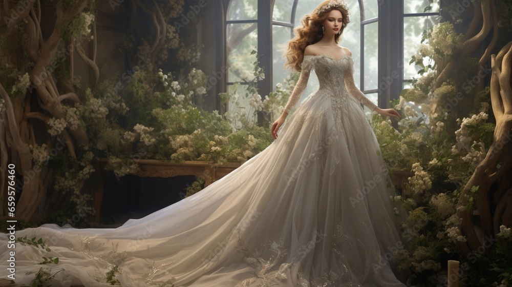 Fototapeta premium a bridal gown with a flowing, ethereal quality, perfect for a fairy tale-themed wedding
