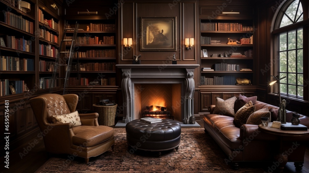 A private study with built-in bookshelves and a warmly glowing fireplace.