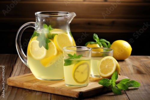 a glass pitcher filled with fresh lemonade