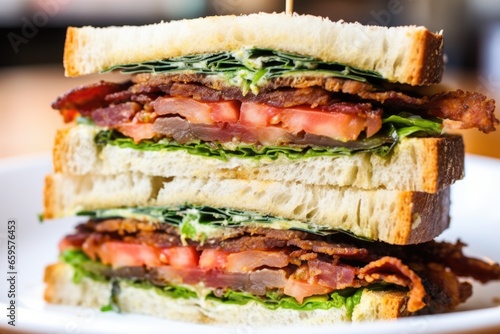 macro shot of the layers inside a blt sandwich