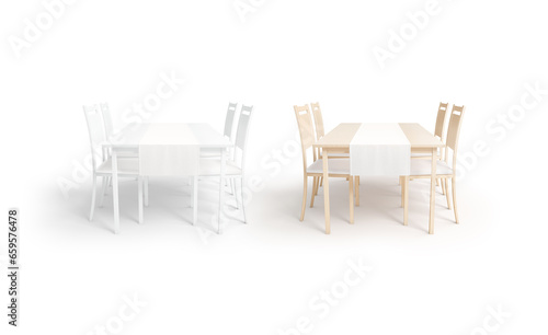 Blank wood table with white runner mockup set  front view