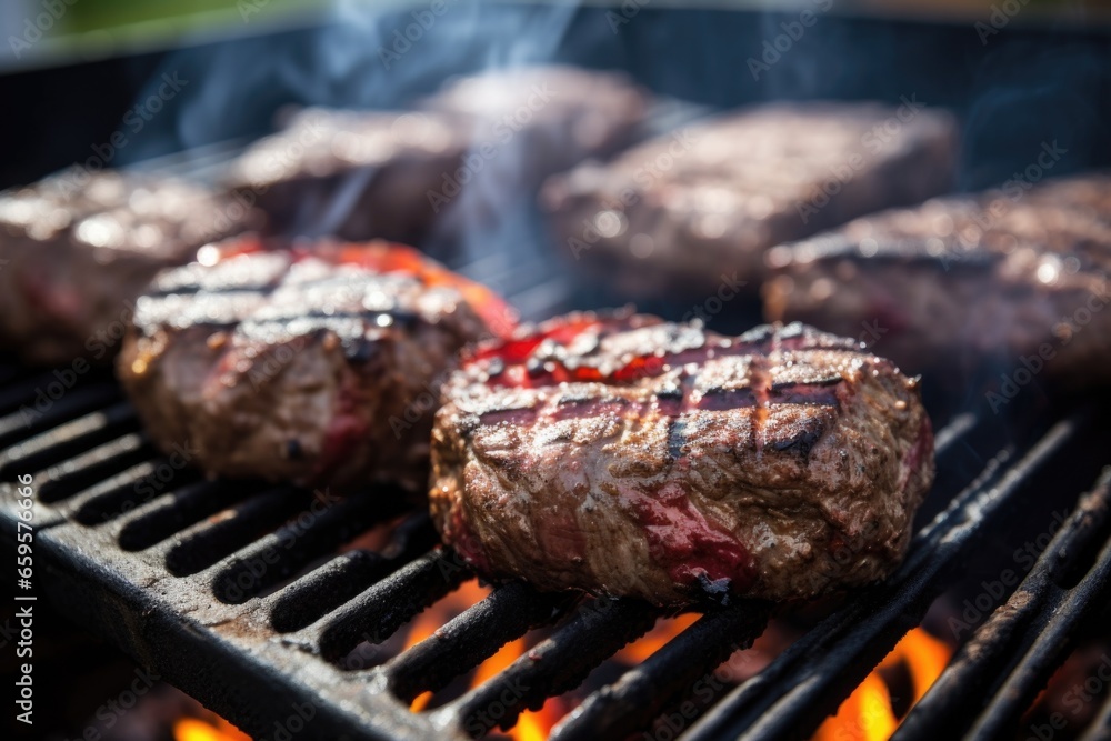close up of grilling burgers on a barbeque
