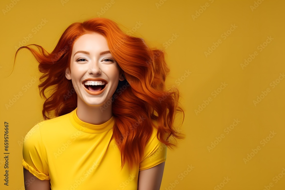 Red-head woman in yellow dress posing in studio. Summer mood. Red-head woman in yellow dress posing in studio. Summer mood.