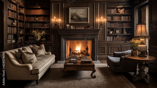 A private study with built-in bookshelves and a warmly glowing fireplace.