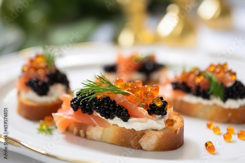sliced french bread with caviar toppings arranged as bruschetta