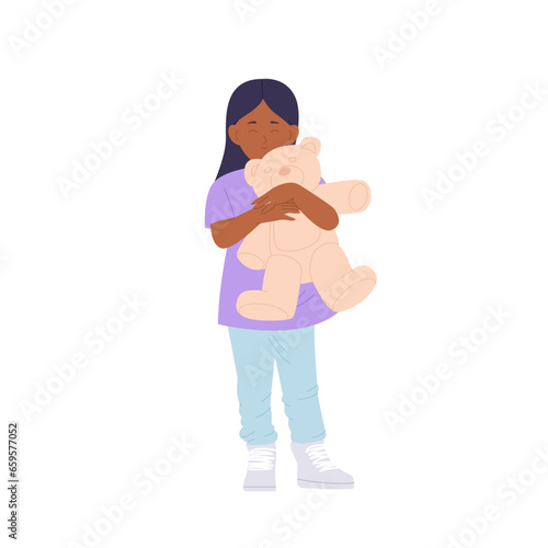 Adorable little girl child cartoon character holding teddy bear toy standing isolated on white