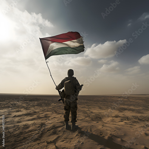 Silhouette of a soldier on background of the sunrise and UAE flag. Concept for Commemoration Day, Martyrs Day. Arab military man stands in the desert with a flag