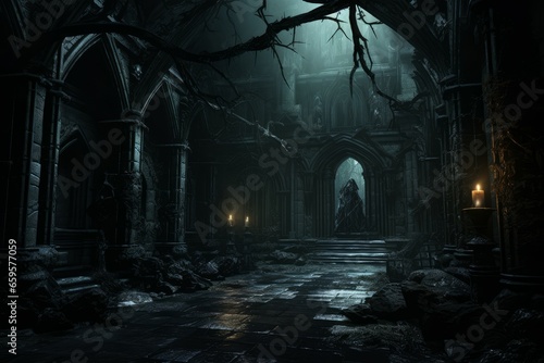 Vampire gate castle indoor. King travel. Generate Ai