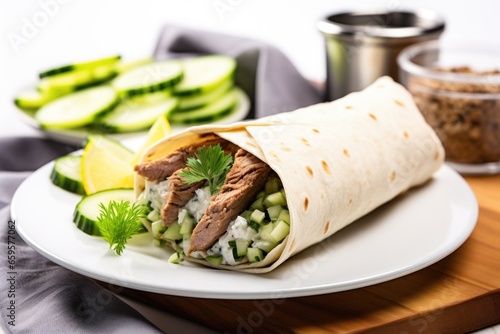 whole gyro with fresh pita bread and cucumbers