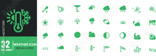 Weather and Climate line icons set Stroke. Rain  moon  sun  windy  sky  snow  cloud Vector Illustration. 