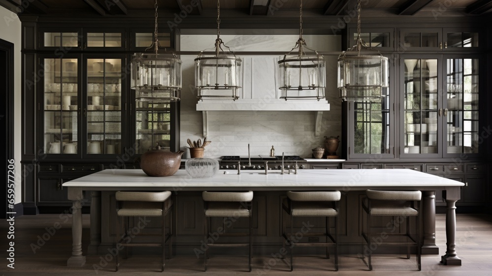 A refined kitchen with cabinets showcasing glass fronts and understated hardware. A refined kitchen with cabinets showcasing glass fronts and understated hardware.