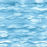 Abstract watercolor transparent blue colored wave seamless pattern