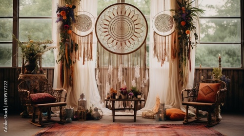 a bohemian-inspired wedding stage with macrame backdrops, colorful rugs, and dreamcatcher accents