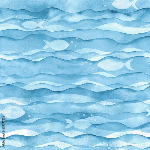Abstract watercolor transparent blue colored wave seamless pattern © Olga