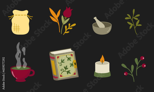 Herbology set design elements. Medical, magical herbs and tools in a cartoon flat style