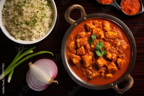 aerial view of a plate of chicken vindaloo photo