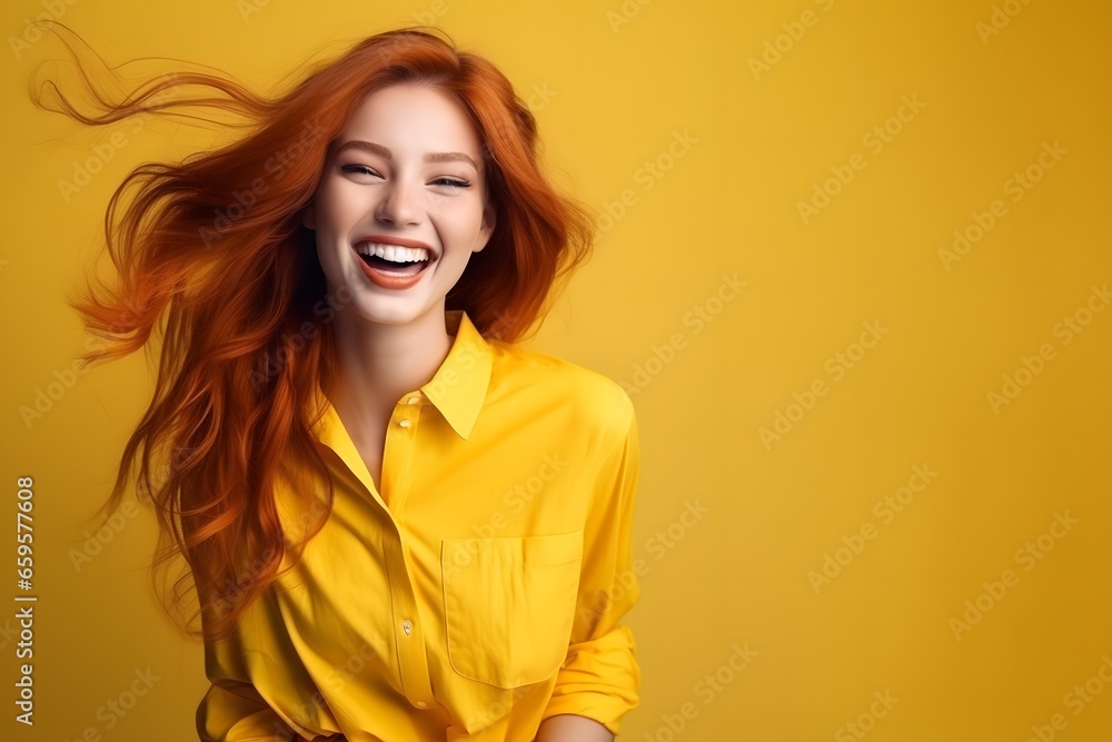 Red-head woman in yellow dress posing in studio. Summer mood. Red-head woman in yellow dress posing in studio. Summer mood.
