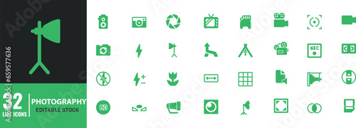Photographer line  icon set. Lens, camera, memory card, photo album, tripod, shutter, camcorder, film. Editable Stroke.