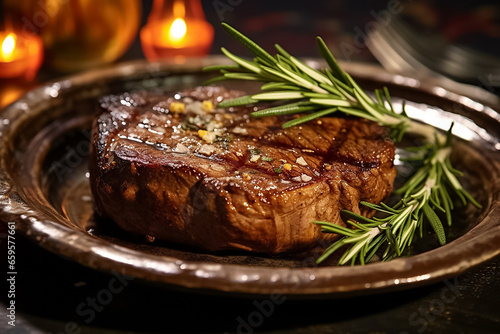 A sided view of a delicious grilled beef steak and fried potato chips served with cream sauce and decorated with rosemary leaves in a luxury black dish. Generative AI.
