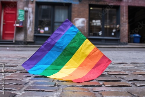 a defaced pride flag lying on a dirty street © altitudevisual