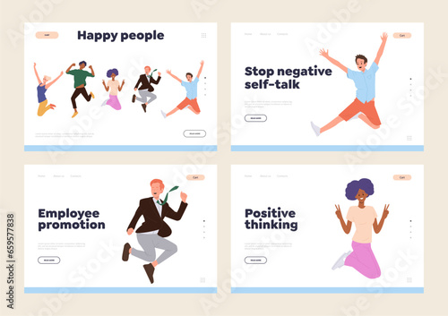 Positive thinking, happy people, employee promotion and stop negative self-talk landing page