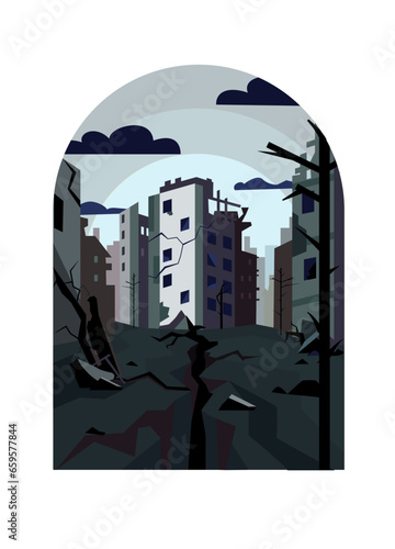 A vector illustration depicting an earthquake and the destruction caused by it. Gloomy, destroyed city and buildings after the earthquake. Cracks in the ground and structures. Natural disasters