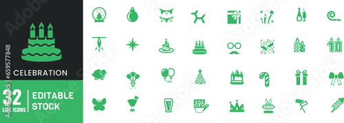 Christmas and Winter Icon set. Tree, Snowman, Cake, Decoration, balloon, Light. Editable Stroke. 