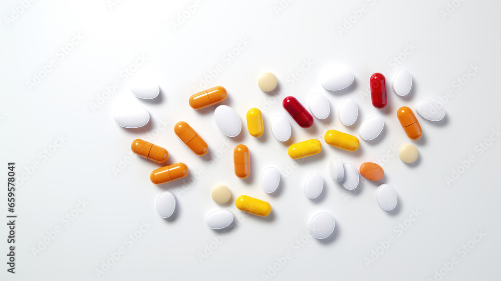 Colorful pills and capsules. Minimal medical concept. Flat lay, top view on light gray background Colorful pills and capsules. Minimal medical concept. Flat lay, top view on light gray background