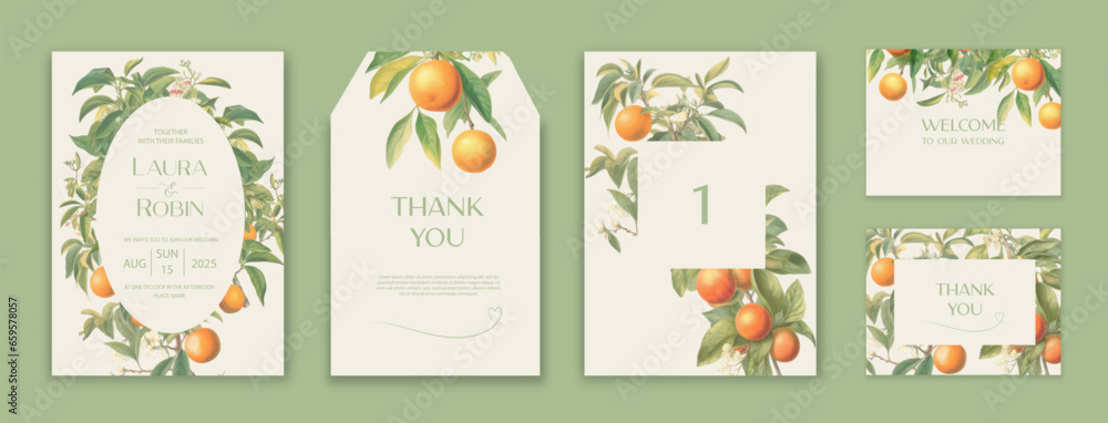 Wedding Invitation Card Design, tangerine branches and fruits Wedding Invite, Colorful Spring Floral Invitation Card.