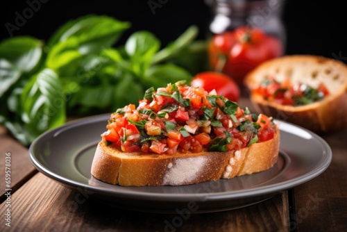 a single piece of bruschetta artfully loaded with basil and diced tomatoes