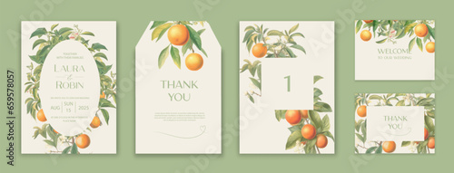 Wedding Invitation Card Design, tangerine branches and fruits Wedding Invite, Colorful Spring Floral Invitation Card.