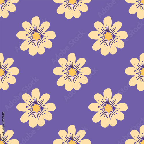 Seamless vector pattern with funky rue anemone wildflowers in cream and yellow on a bold purple background. Modern botanical illustration perfect for fabric, stationery, accessories, digital paper.