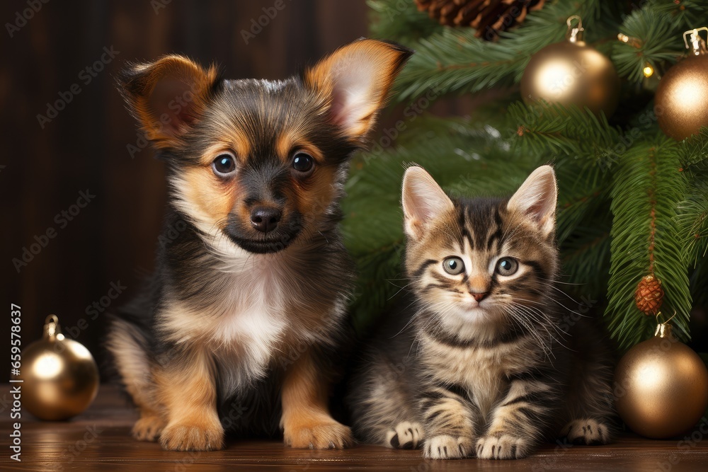 A small puppy and kitten against the background of a Christmas tree with golden balls. New Year card