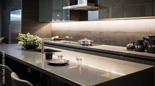 A sleek culinary space with a glass backsplash and minimalist hardware.