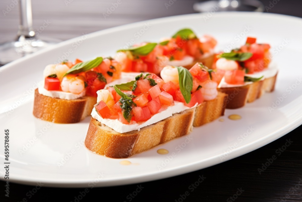 miniature style shrimp bruschetta served on a rectangular plate miniature style shrimp bruschetta served on a rectangular plate