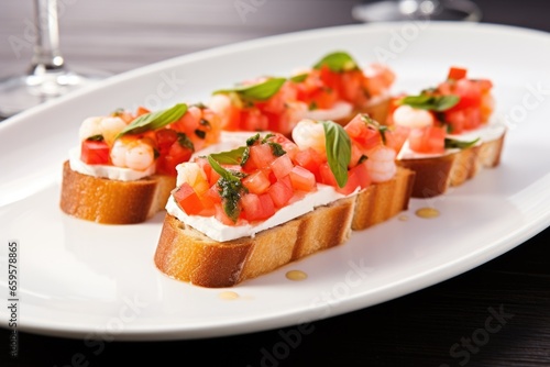 miniature style shrimp bruschetta served on a rectangular plate