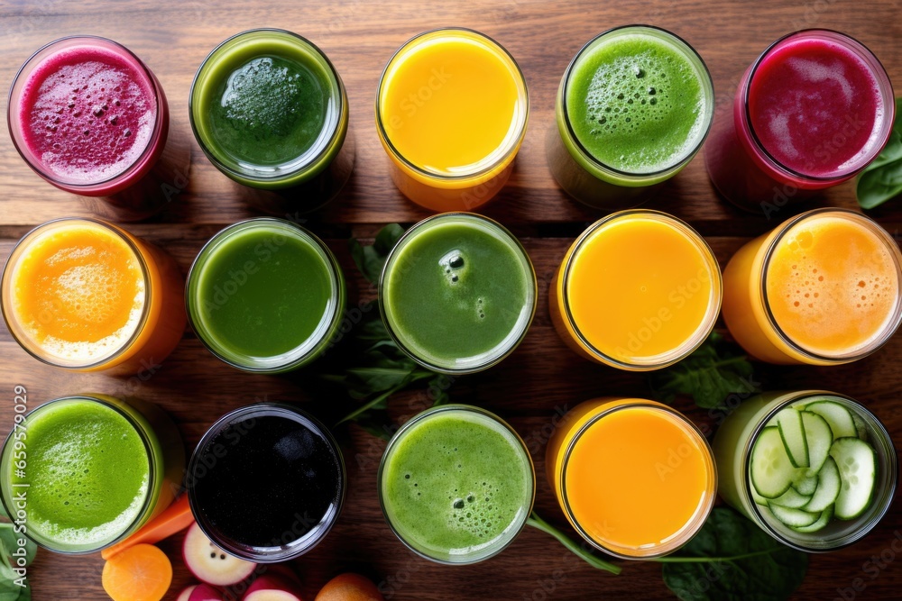 top view of a table full of various cold pressed juices top view of a table full of various cold pressed juices