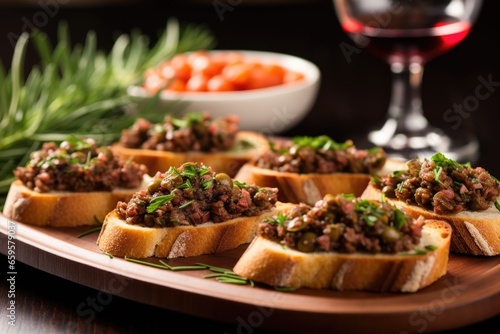 ceramic platter of olive tapenade bruschettas