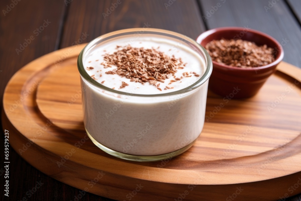 flaxseed smoothie with a layer of cream on a wooden round table flaxseed smoothie with a layer of cream on a wooden round table