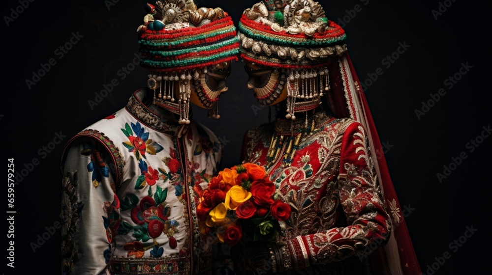 A bride and groom in beautifully embroidered traditional wedding attire, symbolizing their union
