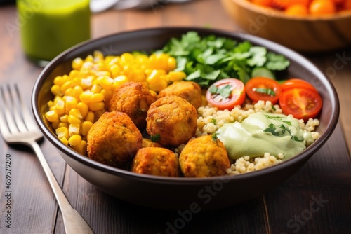 a falafel bowl with sweet potato cubes and roasted corn kernels