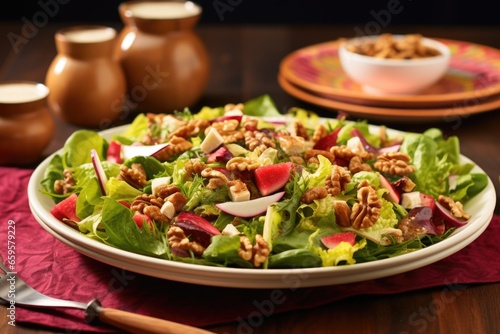 fig and walnut salad on a brightly colored plate