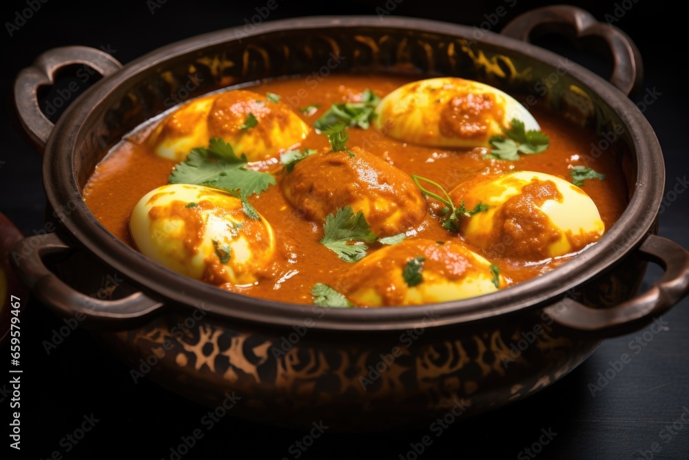 bengali egg curry in a black bronze bowl