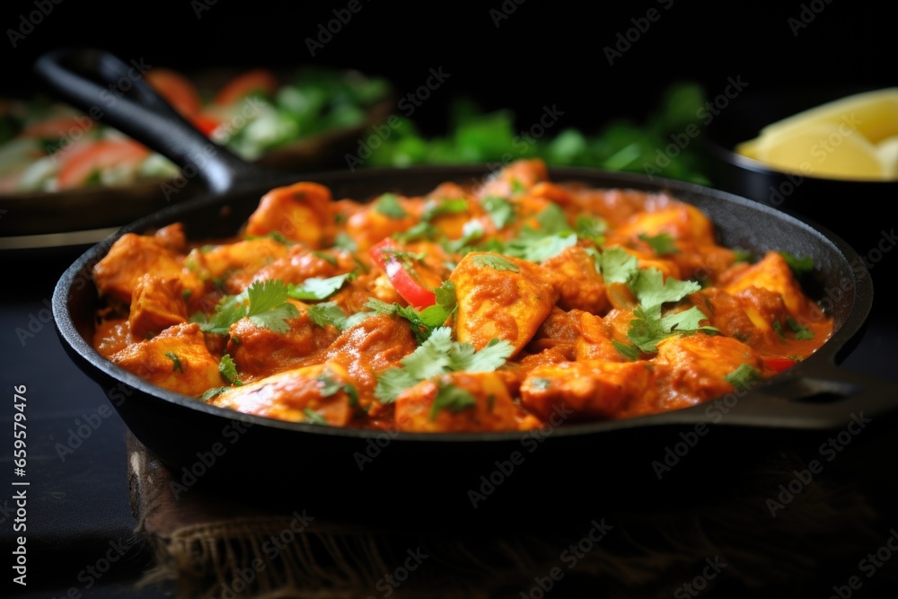 close-up of chicken tikka masala served in an iron skillet close-up of chicken tikka masala served in an iron skillet