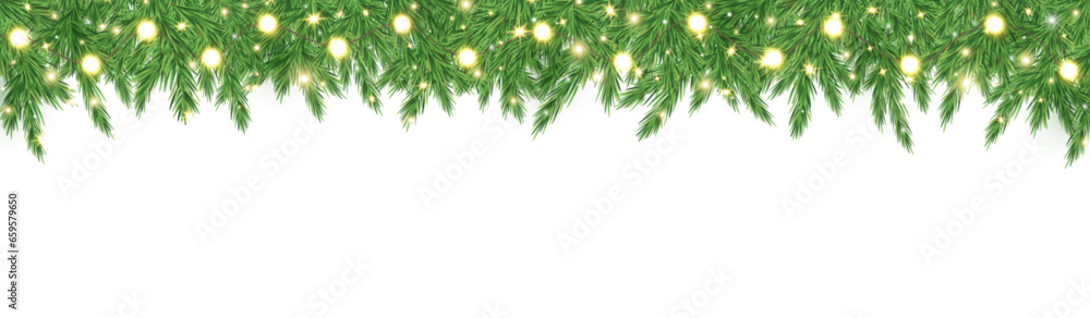 Christmas fir garland frame. Xmas tree branches with gold light. Glitter luxury decoration. Celebration party design. Golden neon bulb border. Holiday glow particle. Magic star. Vector illustration