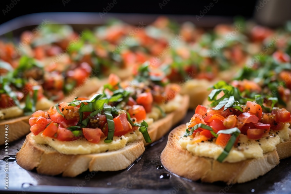 macro shot of hummus topped bruschetta on a silver tray macro shot of hummus topped bruschetta on a silver tray